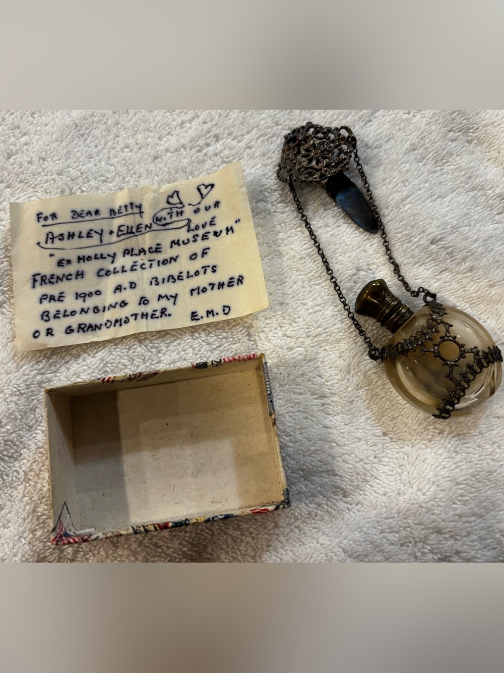 Antique Glass Perfume Bottle w/ clip for lapel silver plate Filigree